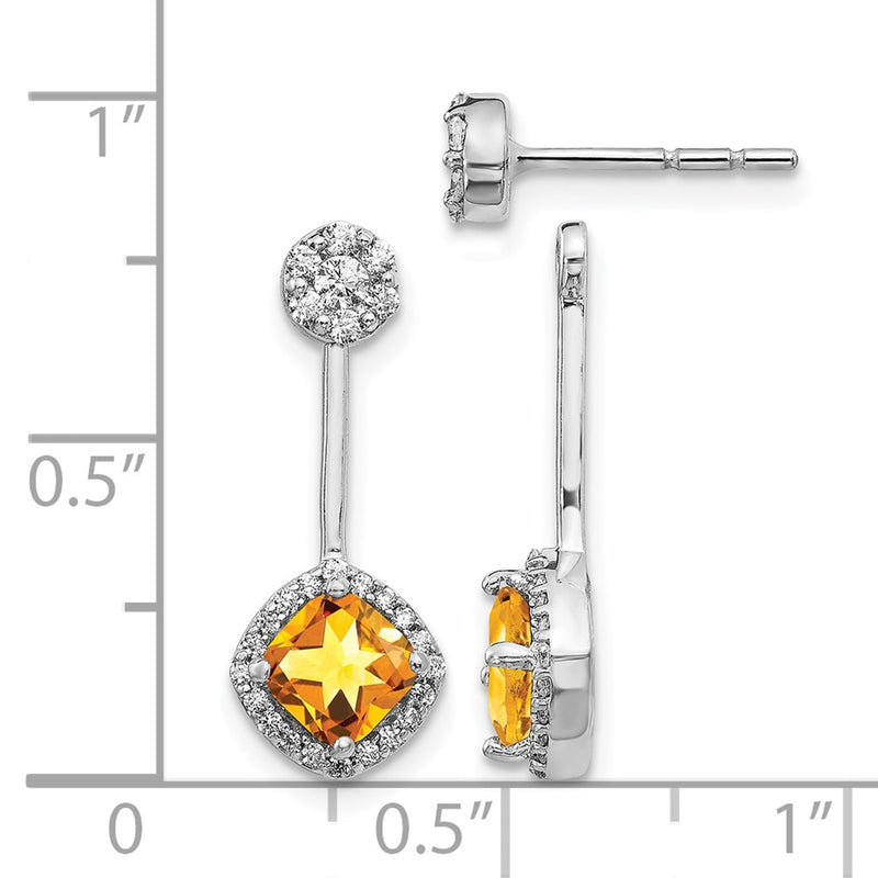 14k White Gold Real Diamond/Citrine Front/Back Earrings