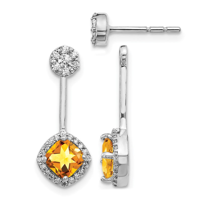 14k White Gold Real Diamond/Citrine Front/Back Earrings