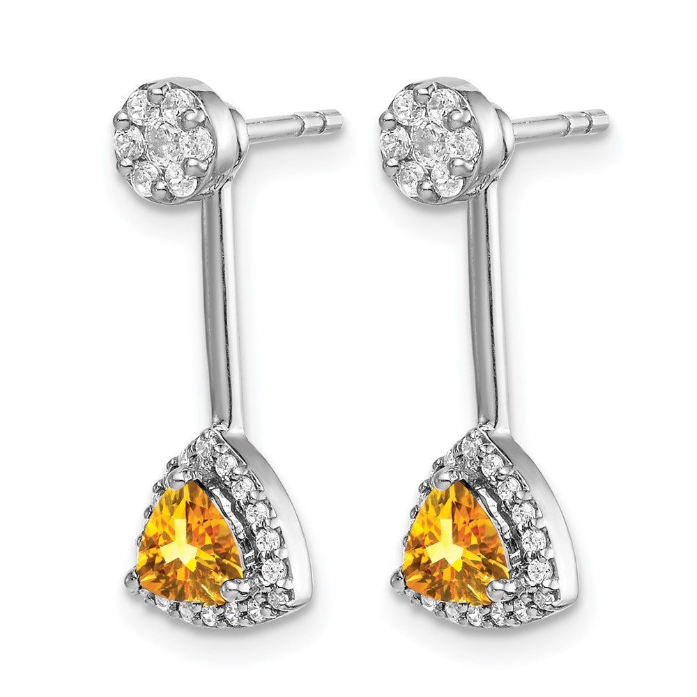 14k White Gold Real Diamond/Trillion Citrine Front/Back Earrings