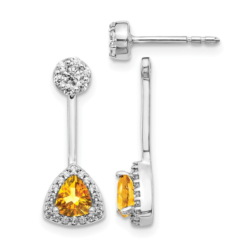 14k White Gold Real Diamond/Trillion Citrine Front/Back Earrings