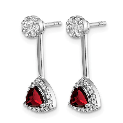 14k White Gold Real Diamond/Trillion Garnet Front/Back Earrings