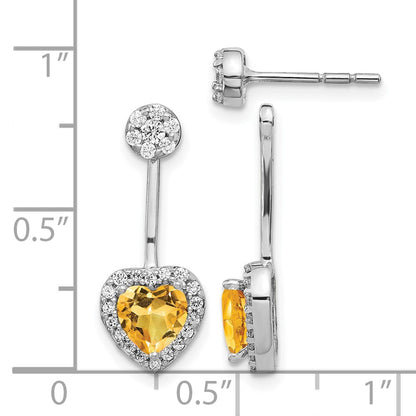 14k White Gold Real Diamond/Heart Citrine Front/Back Earrings