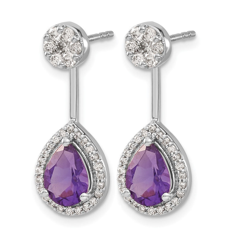 14k White Gold Real Diamond/Pear Amethyst Front/Back Earrings