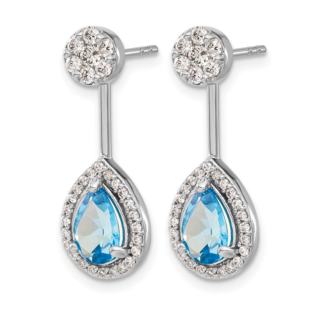 14k White Gold Real Diamond/Pear Blue Topaz Front/Back Earrings