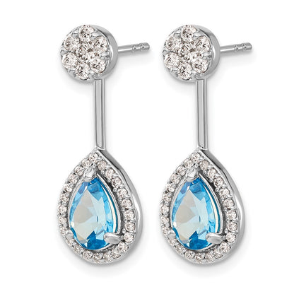 14k White Gold Real Diamond/Pear Blue Topaz Front/Back Earrings