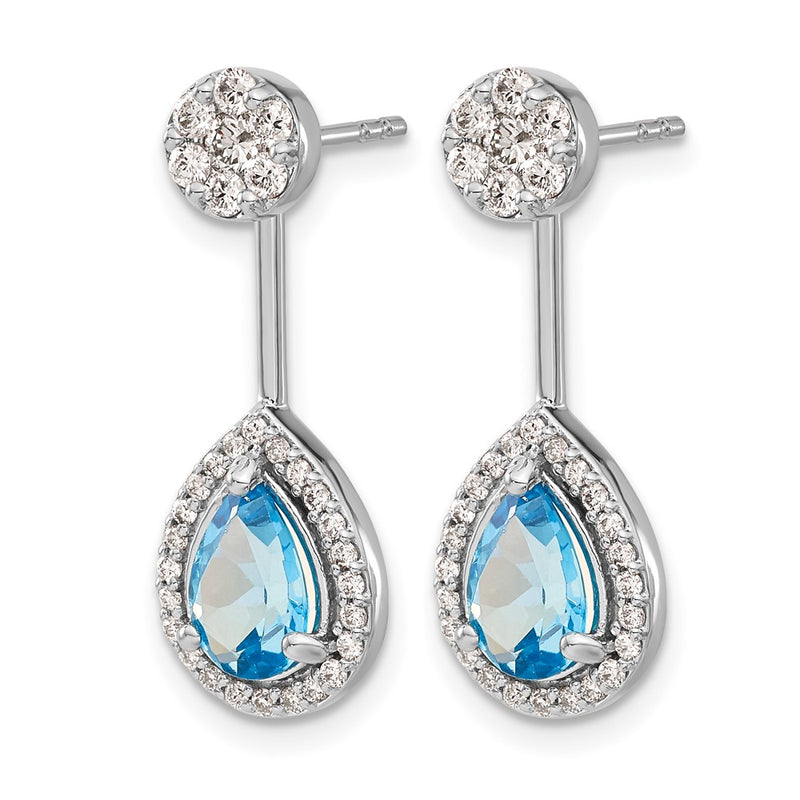 14k White Gold Real Diamond/Pear Blue Topaz Front/Back Earrings
