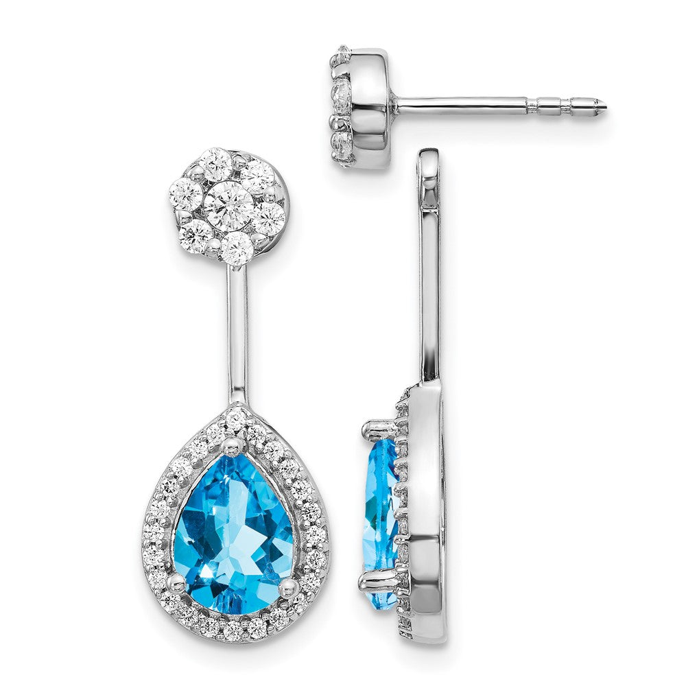 14k White Gold Real Diamond/Pear Blue Topaz Front/Back Earrings