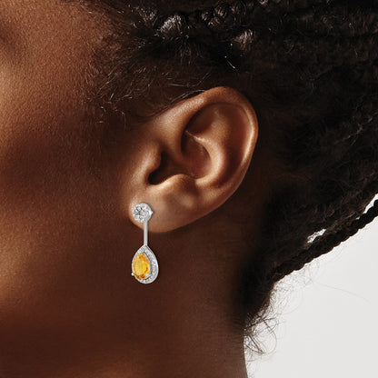 14k White Gold Real Diamond/Pear Citrine Front/Back Earrings