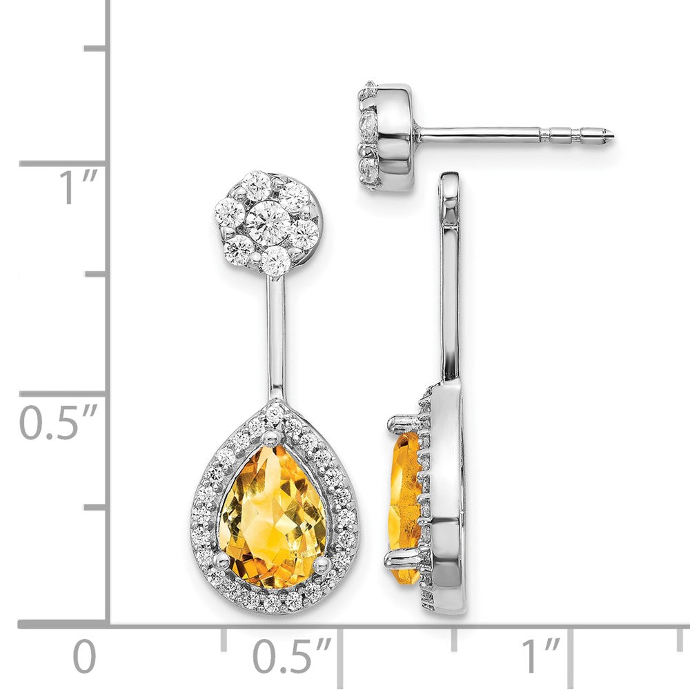 14k White Gold Real Diamond/Pear Citrine Front/Back Earrings
