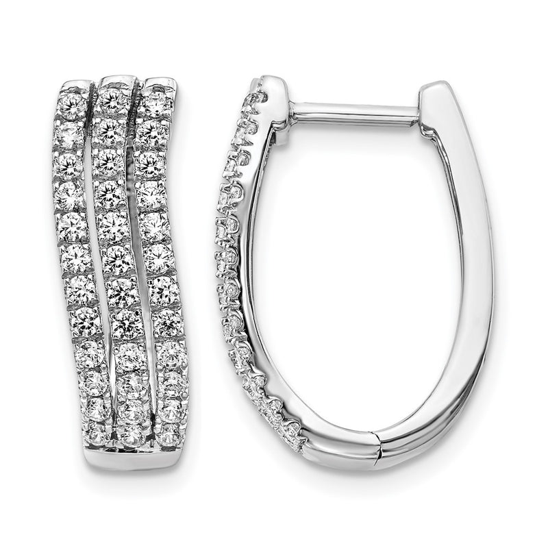 14k White Gold 3-row Real Diamond Hinged Hoop Earrings