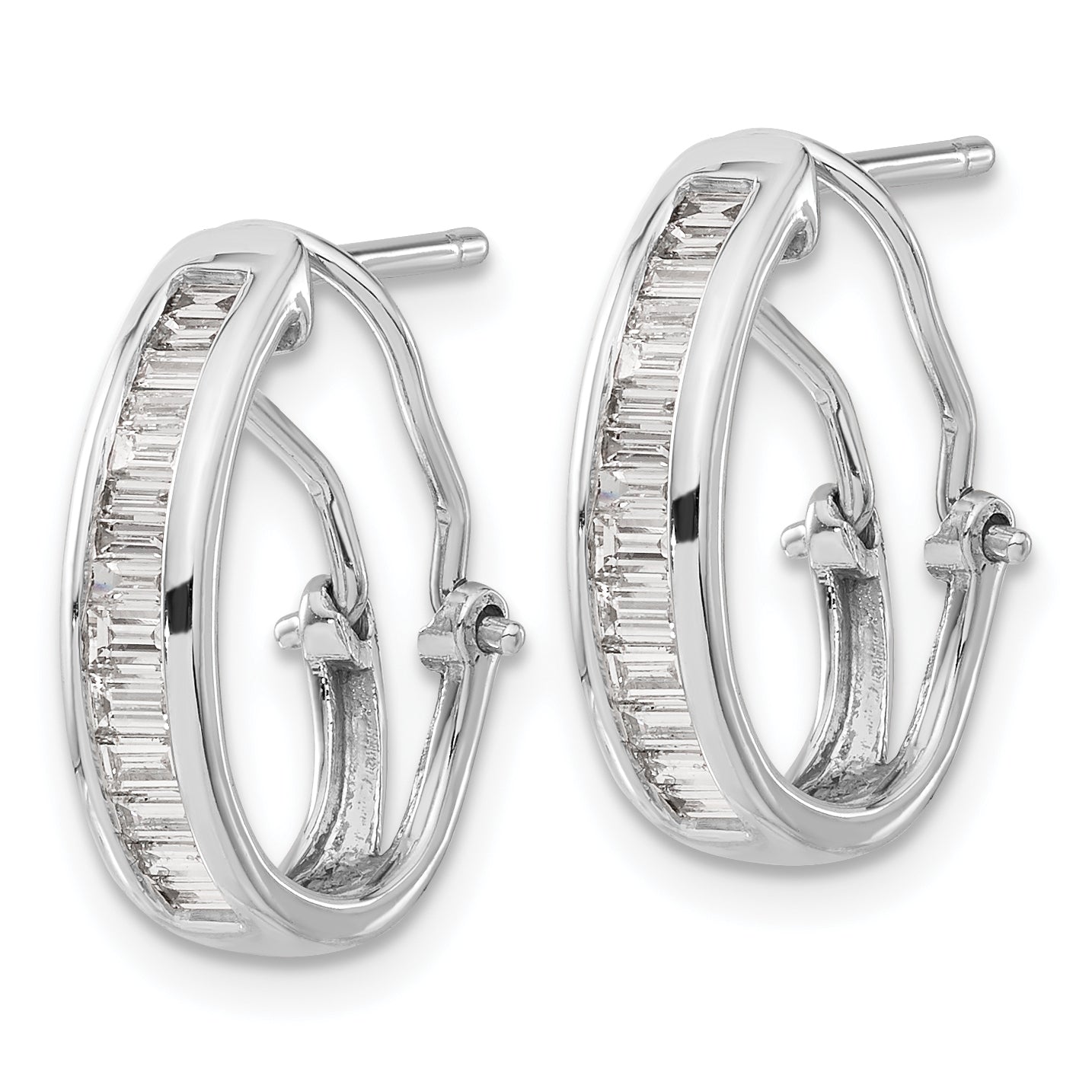 14K White Gold Baguette Diamond Omega Back Hoop Earrings