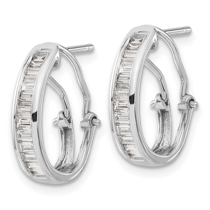 14K White Gold Baguette Diamond Omega Back Hoop Earrings