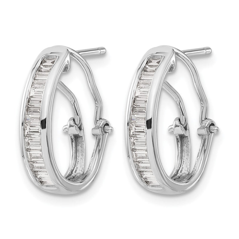 14K White Gold Baguette Diamond Omega Back Hoop Earrings