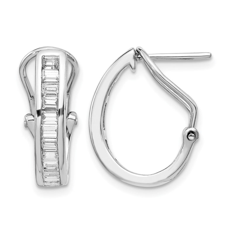 14K White Gold Baguette Diamond Omega Back Hoop Earrings