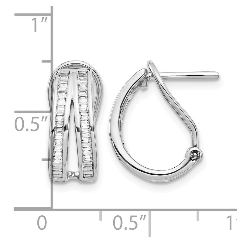 14K White Gold 2 Row Baguette Diamond Omega Back Hoop Earrings
