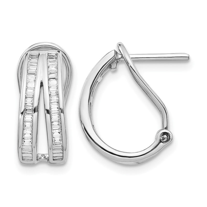 14K White Gold 2 Row Baguette Diamond Omega Back Hoop Earrings