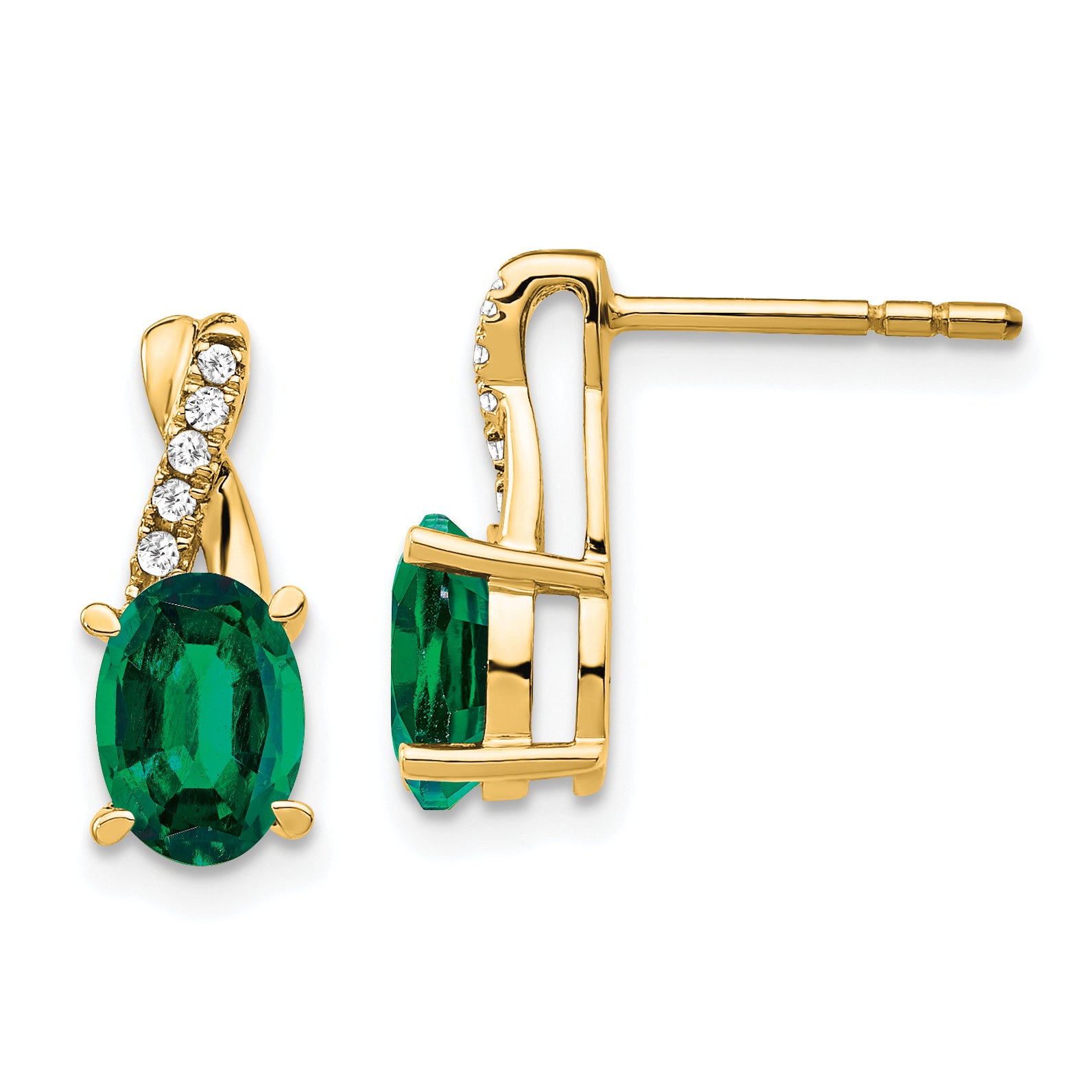 10K Yellow Gold Created Emerald And Diamond Earrings