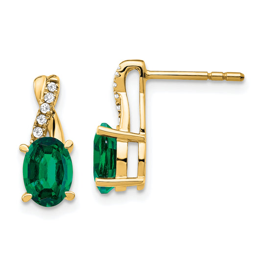 10K Yellow Gold Created Emerald And Diamond Earrings