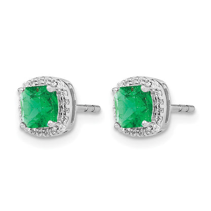 14k White Gold Cushion Emerald and Real Diamond Halo Earrings