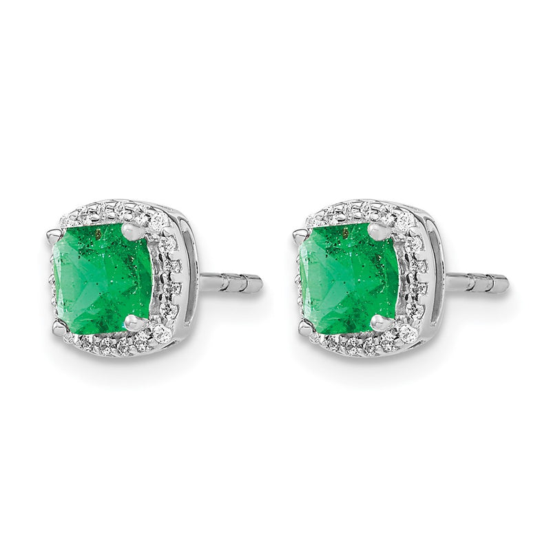 14k White Gold Cushion Emerald and Real Diamond Halo Earrings