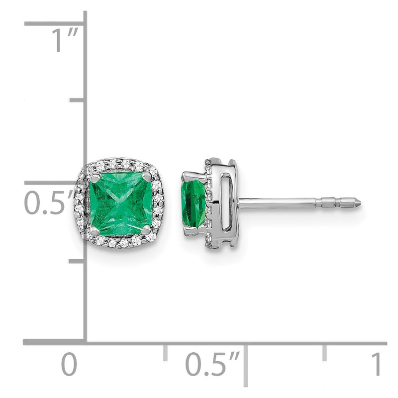 14k White Gold Cushion Emerald and Real Diamond Halo Earrings