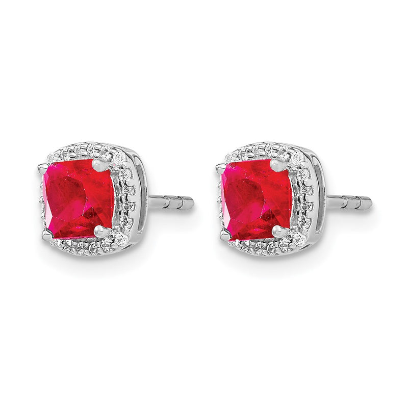 14k White Gold Cushion Ruby and Real Diamond Halo Earrings