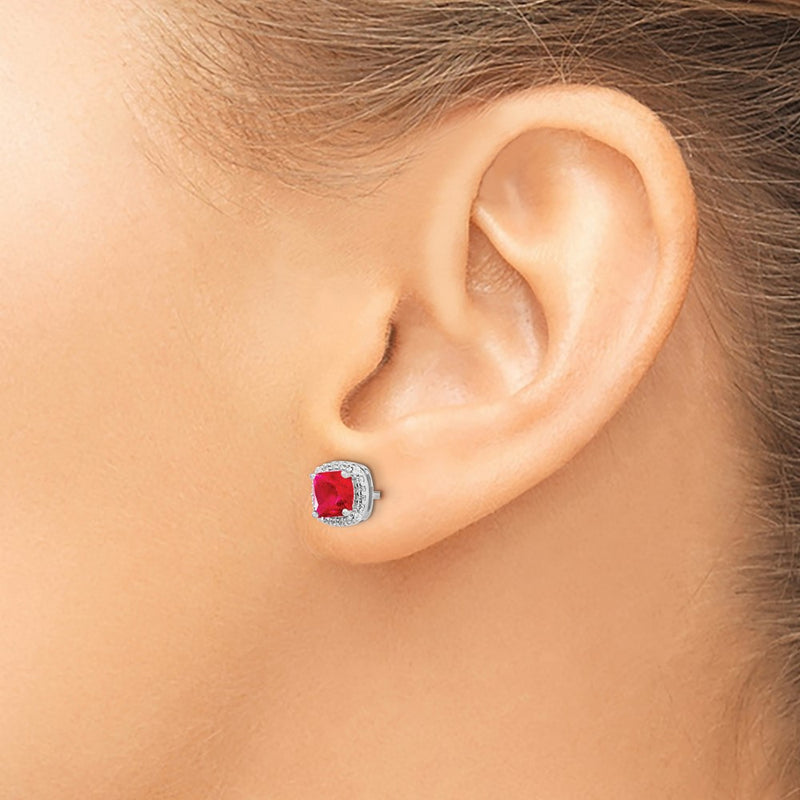 14k White Gold Cushion Ruby and Real Diamond Halo Earrings