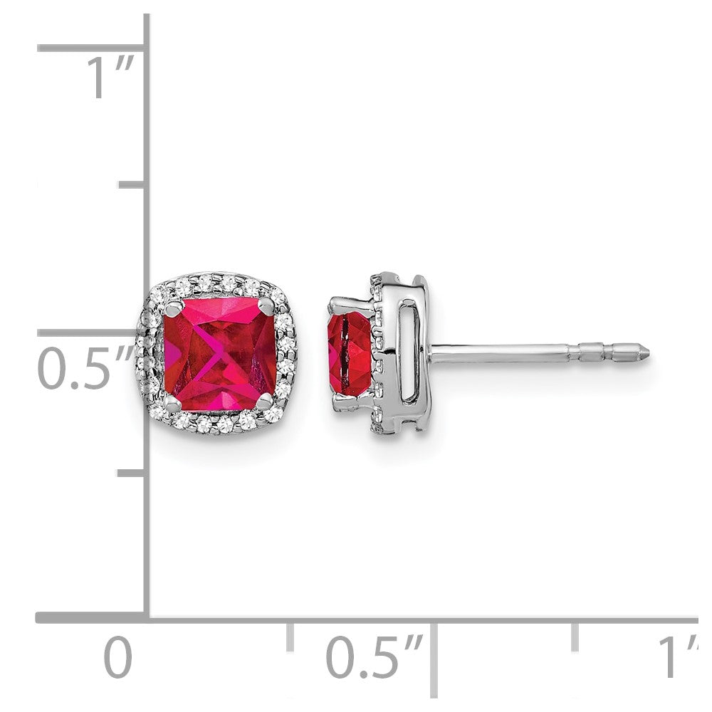 14k White Gold Cushion Ruby and Real Diamond Halo Earrings