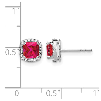 14k White Gold Cushion Ruby and Real Diamond Halo Earrings