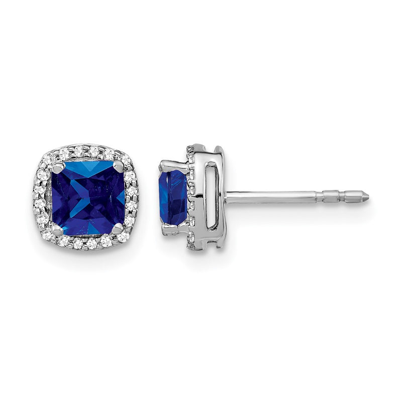 14k White Gold Cushion Sapphire and Real Diamond Halo Earrings