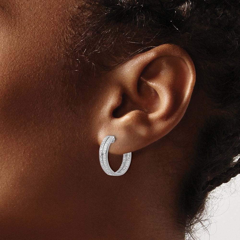 14k White Gold Real Diamond In/Out Hinged Hoop Earrings