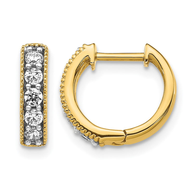 14k Yellow Gold Real Diamond Milgrain Hinged Hoop Earrings