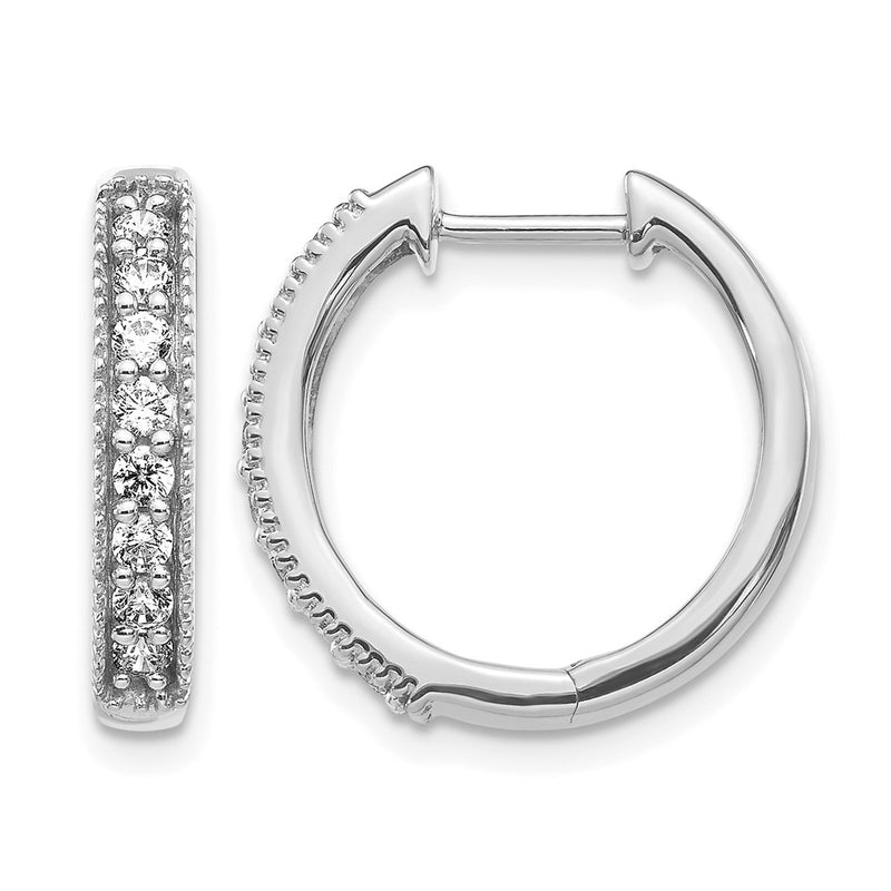 14k White Gold Real Diamond Milgrain Hinged Hoop Earrings