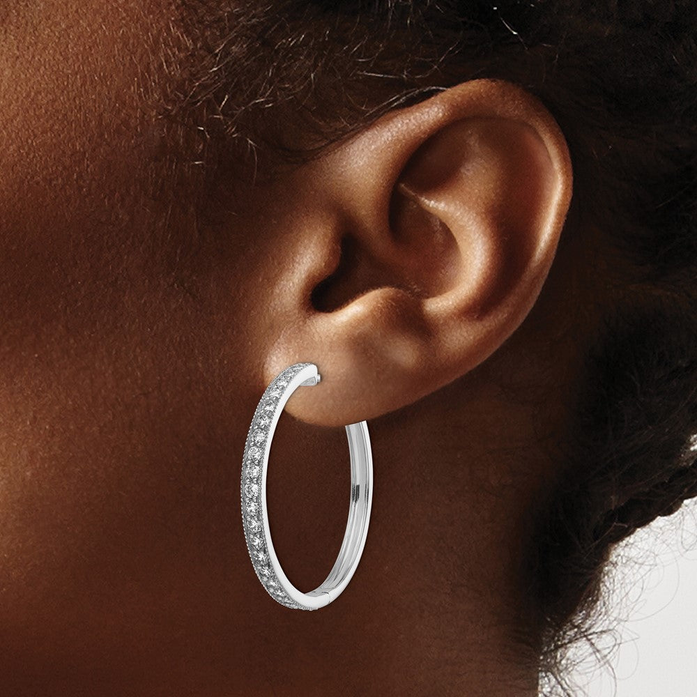 14k White Gold Real Diamond Milgrain Hinged Hoop Earrings