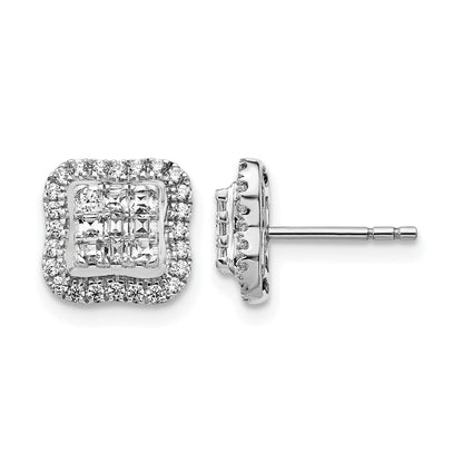 14k White Gold Real Diamond Square Cluster Post Earrings