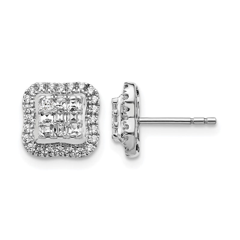 14k White Gold Real Diamond Square Cluster Post Earrings