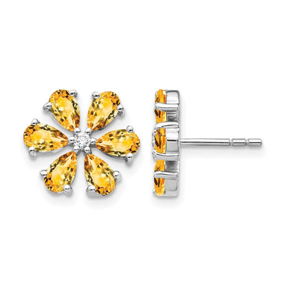 14k White Gold Real Diamond Citrine Flower Earrings