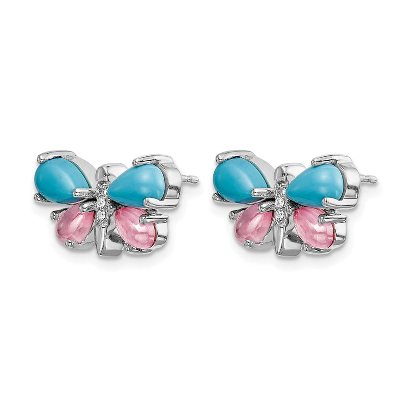 14k White Gold Real Diamond/Turquoise/Rose Quartz Butterfly Earrings