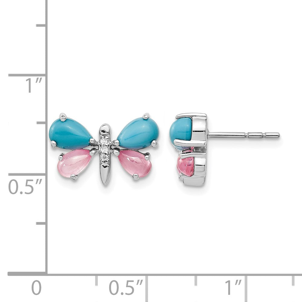 14k White Gold Real Diamond/Turquoise/Rose Quartz Butterfly Earrings