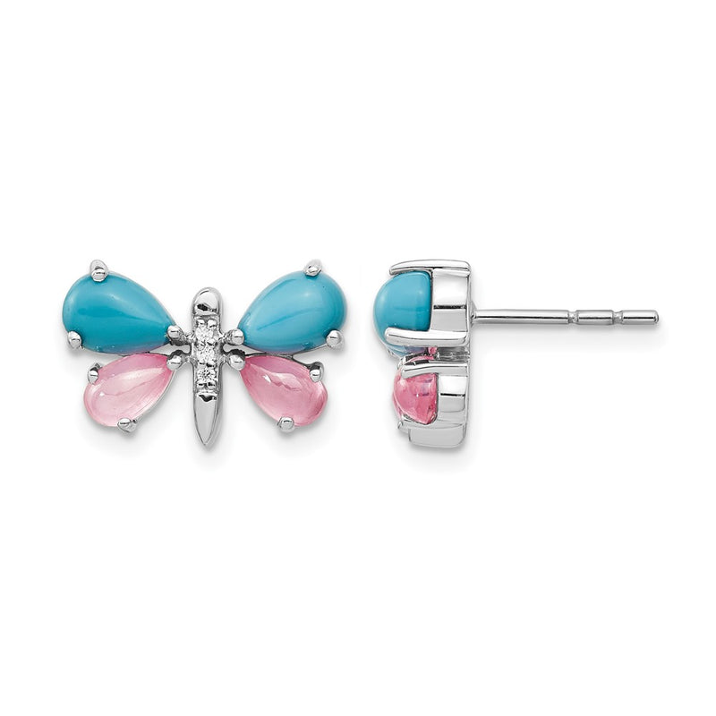 14k White Gold Real Diamond/Turquoise/Rose Quartz Butterfly Earrings