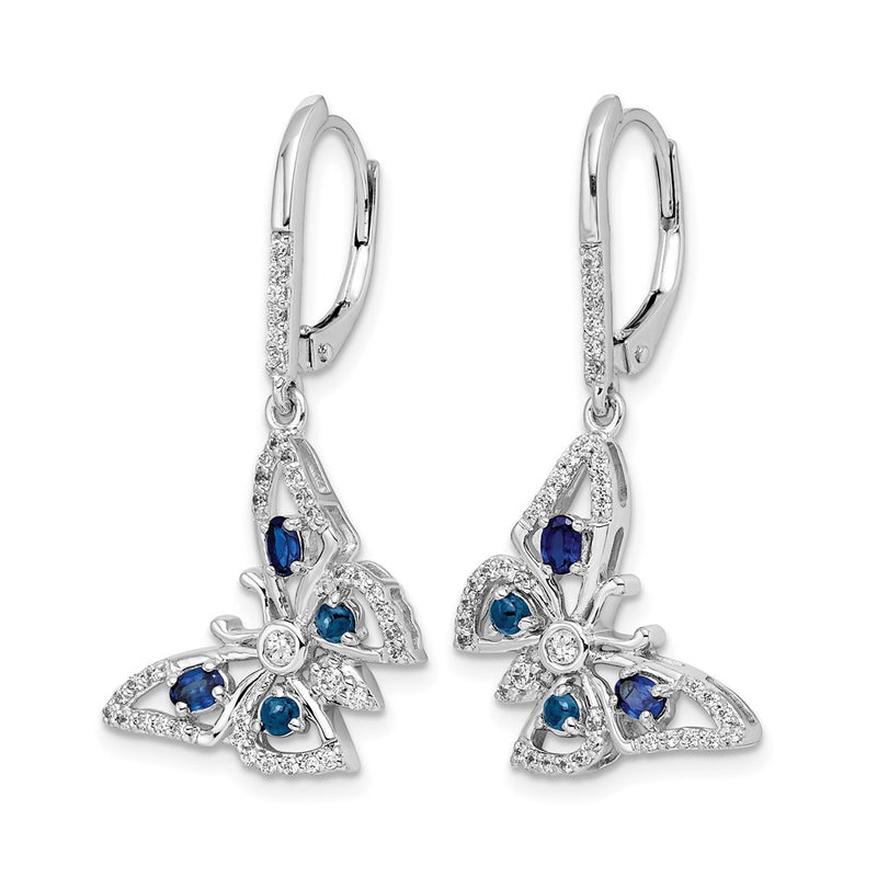 14k White Gold Real Diamond/Sapphire Butterfly Leverback Earrings