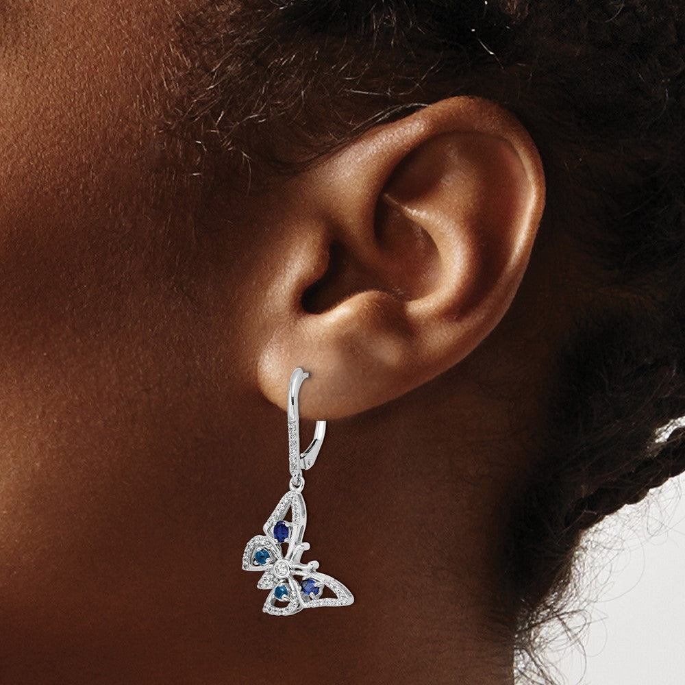 14k White Gold Real Diamond/Sapphire Butterfly Leverback Earrings
