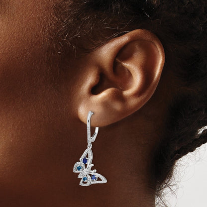 14k White Gold Real Diamond/Sapphire Butterfly Leverback Earrings