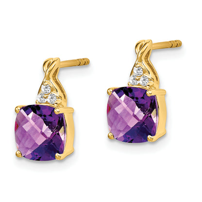 10K Yellow Gold Checkerboard Amethyst And Diamond Earrings
