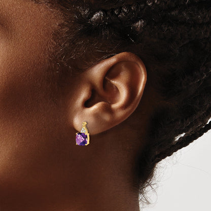 10K Yellow Gold Checkerboard Amethyst And Diamond Earrings