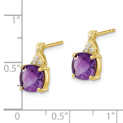10K Yellow Gold Checkerboard Amethyst And Diamond Earrings