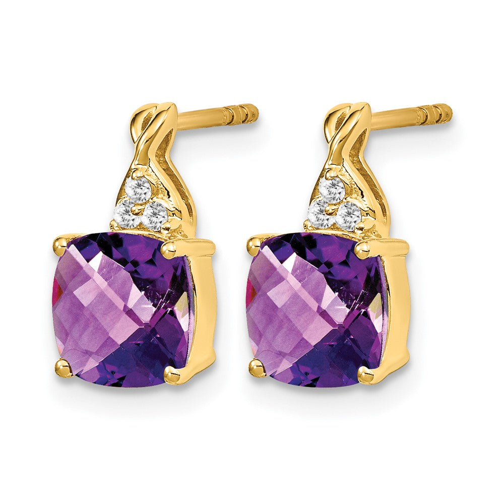 14k Yellow Gold Checkerboard Amethyst and Real Diamond Earrings