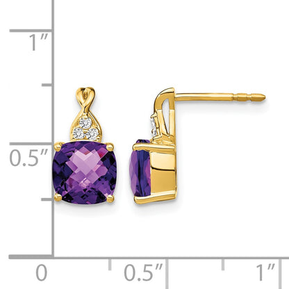 14k Yellow Gold Checkerboard Amethyst and Real Diamond Earrings