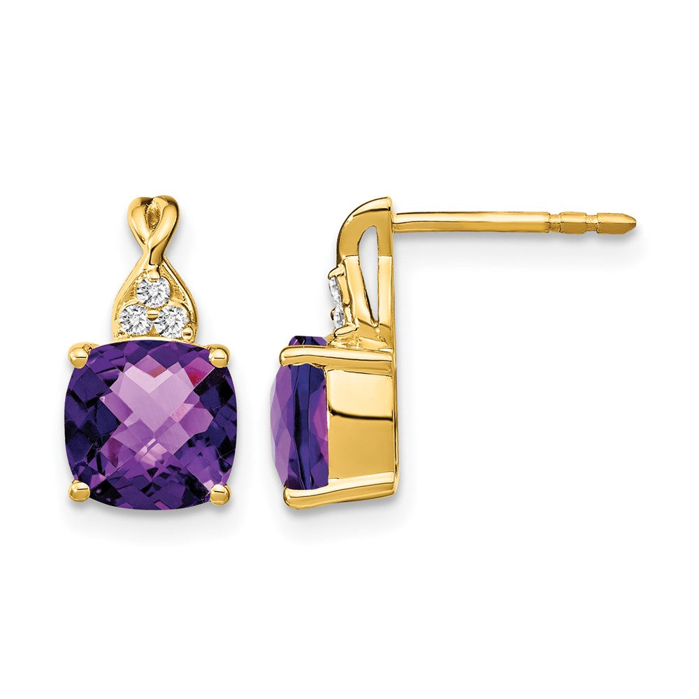 14k Yellow Gold Checkerboard Amethyst and Real Diamond Earrings