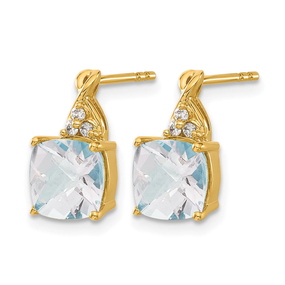 14k Yellow Gold Checkerboard Aquamarine and Real Diamond Earrings